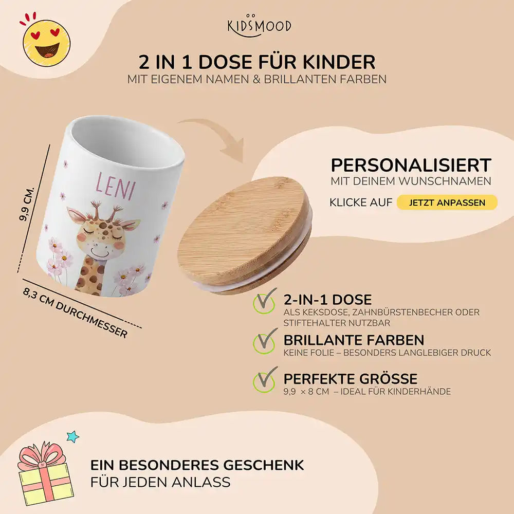 Personalisierte Keksdose Giraffe Blumen - mit eigenem Namen fuer kleine Schleckermaeuler