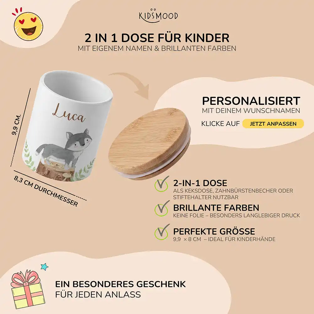 Personalisierte Keksdose Wolf Wald - mit eigenem Namen fuer kleine Schleckermaeuler