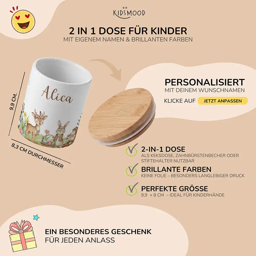 Personalisierte Keksdose Ostern Waldtiere-Treff - mit eigenem Namen fuer kleine Schleckermaeuler
