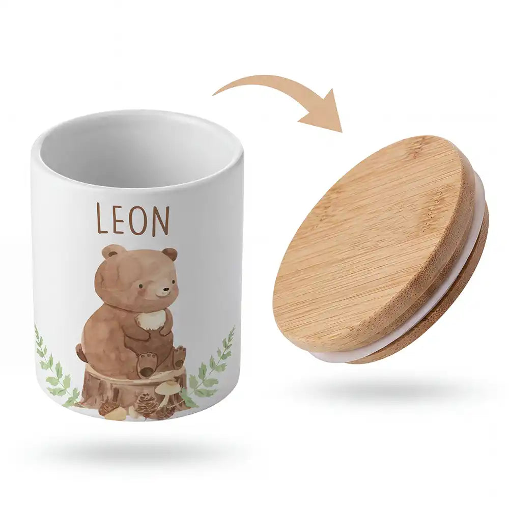 Keramik-Keksdose BĂ€r Wald mit Wunschnamen - Kinderzimmer-Geschenk