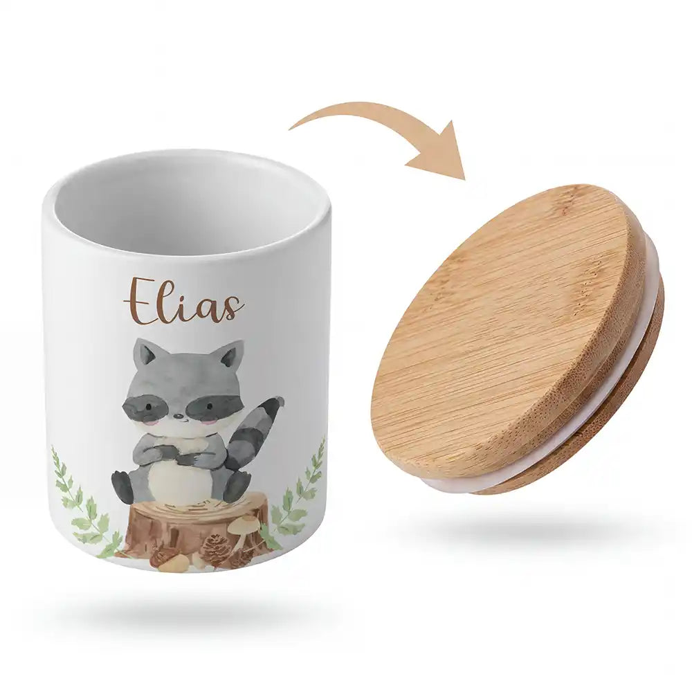 Keramik-Keksdose WaschbÀr Wald mit Wunschnamen - Kinderzimmer-Geschenk