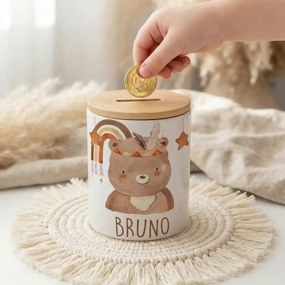 Personalisierte Spardose Boho-BĂ€r â Keramik & Bambus mit Wunschname
