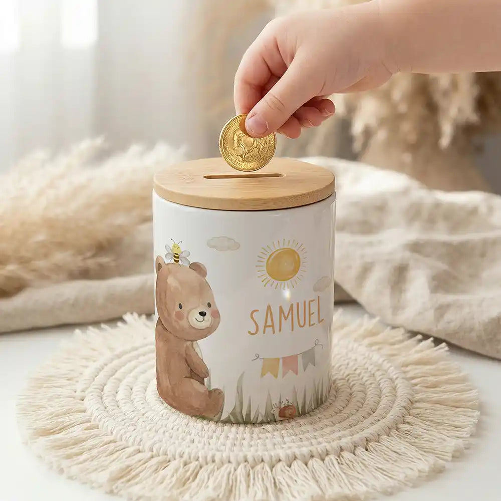 Personalisierte Spardose BĂ€r Sommer â Keramik & Bambus mit Wunschname