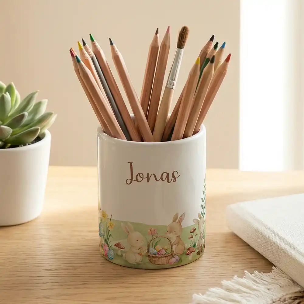 Personalisierter Stiftehalter Ostern Hasen - Keramik weiß-matt - Detailansicht