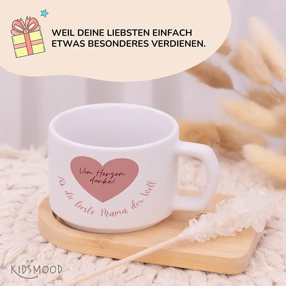 Keramiktasse made in Hamburg Von Herzen danke â Rosa Herz â Bambus-Untersetzer personalisiert