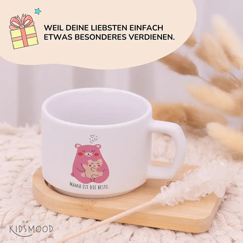 Keramiktasse made in Hamburg BĂ€r Mama & Kind â Bambus-Untersetzer personalisiert