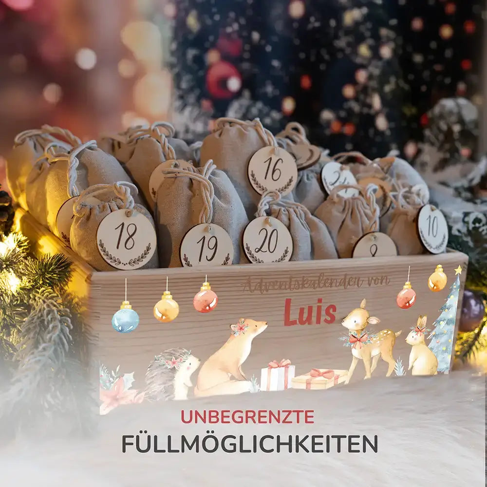Personalisierte Adventskiste zum Befüllen - Fuchs und Reh