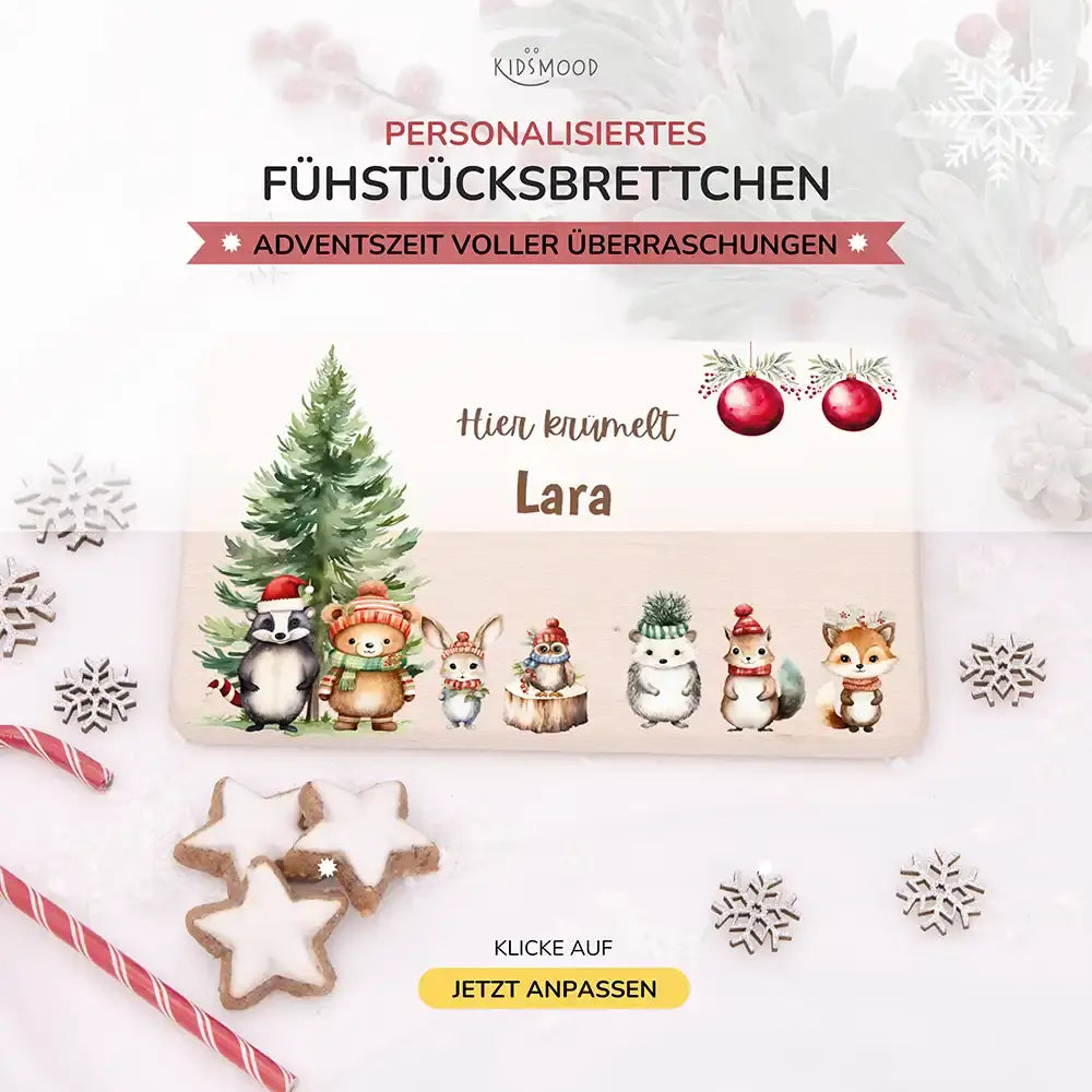 Weihnachts-Set Frühstücksbrettchen + Emaille Tasse - Waldfreunde-Picknick Motiv