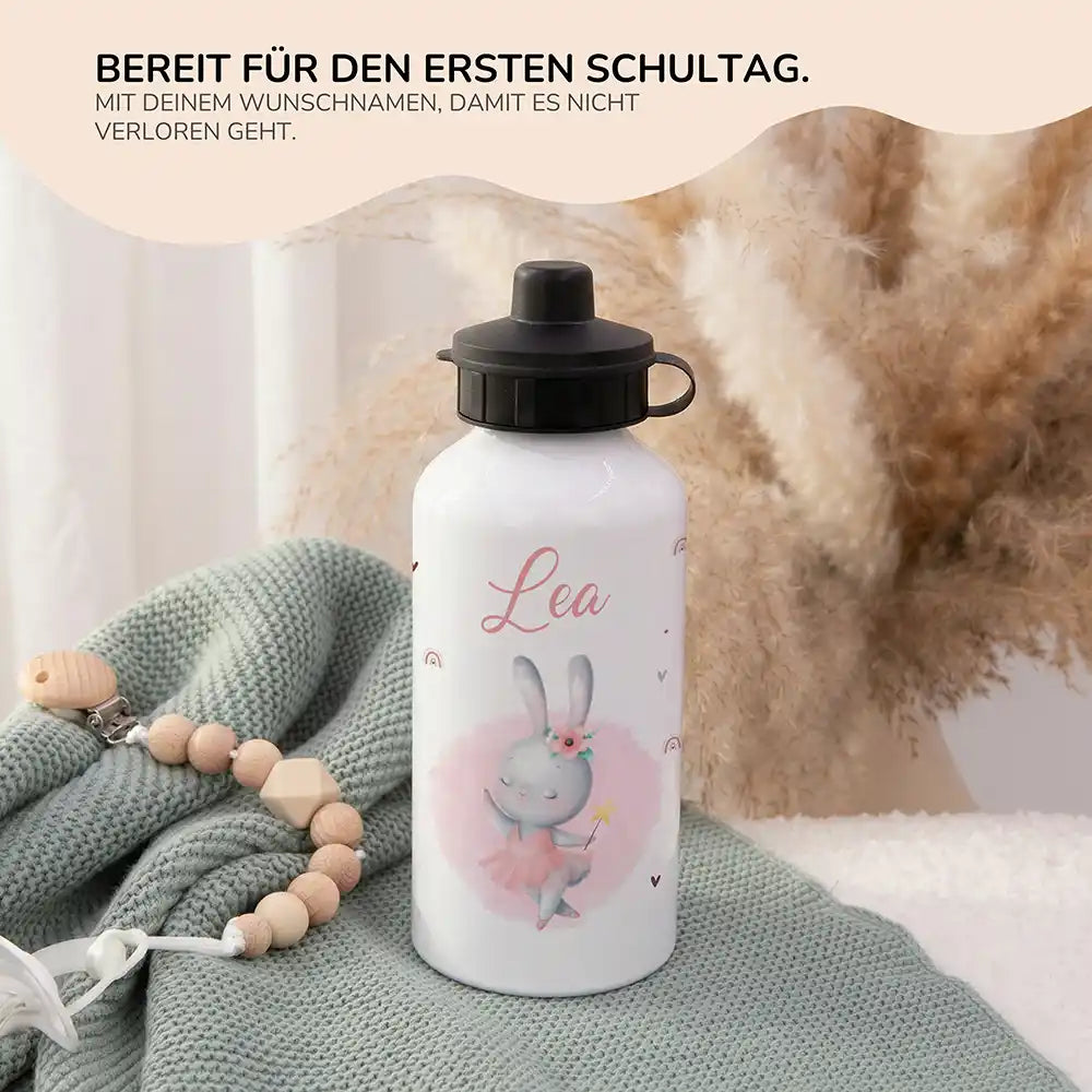 Personalisierte Trinkflasche Kinder Hase Ballerina – Einschulungs-Set mit Brotdose