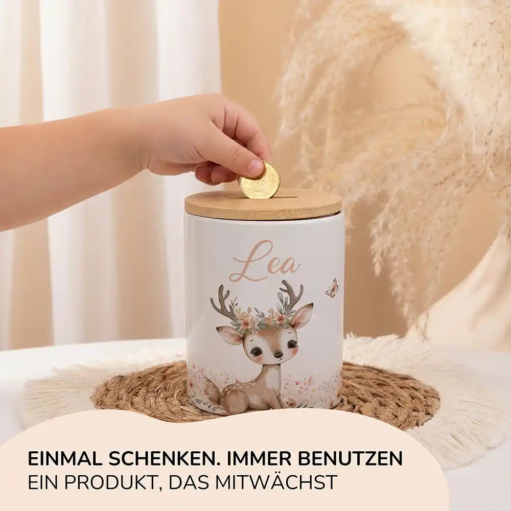 Personalisierte Spardose Reh Blumenkranz – Keramik & Bambus mit Wunschname