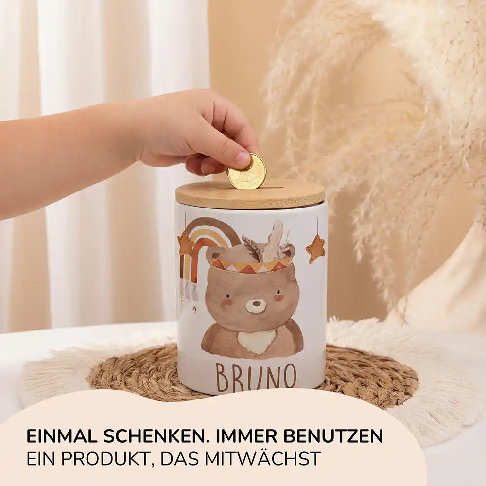 Personalisierte Spardose Boho-BĂ€r â Keramik & Bambus mit Wunschname