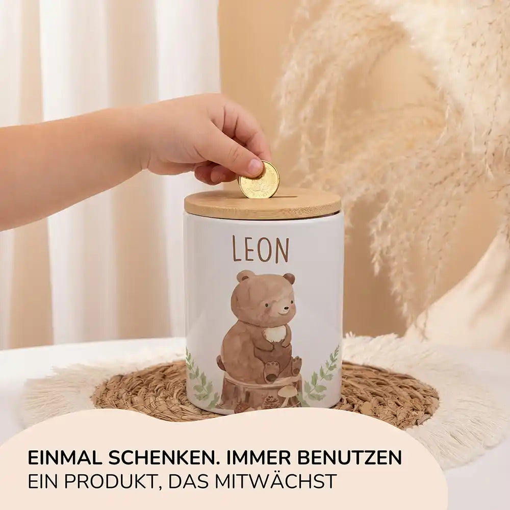 Personalisierte Spardose BĂ€r Wald â Keramik & Bambus mit Wunschname