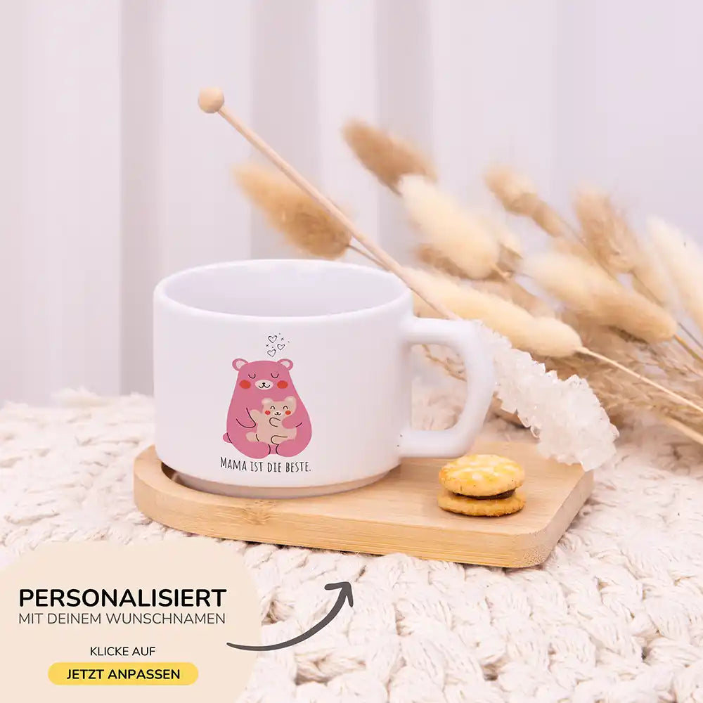 Muttertagsgeschenk Tasse BĂ€r Mama & Kind â Wunschnamen-Gravur auf Bambus