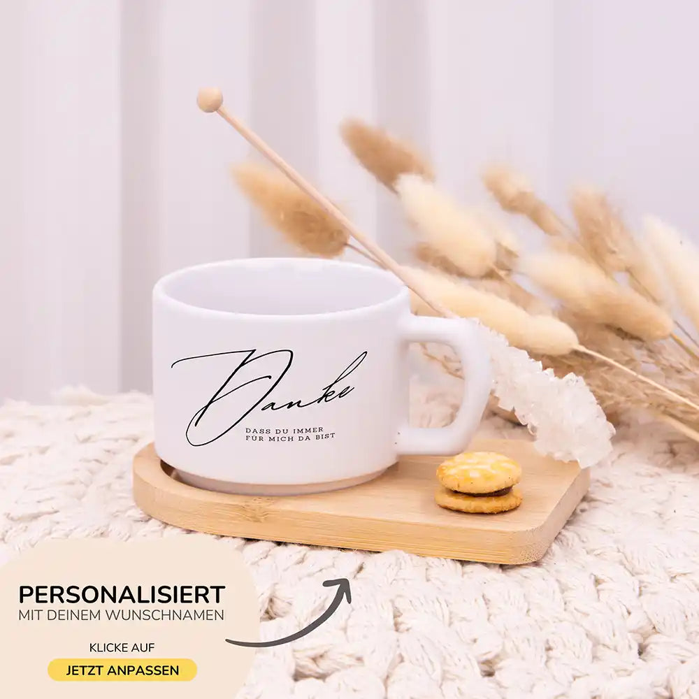 Muttertagsgeschenk Tasse Danke â immer fĂŒr mich da â Wunschnamen-Gravur auf Bambus