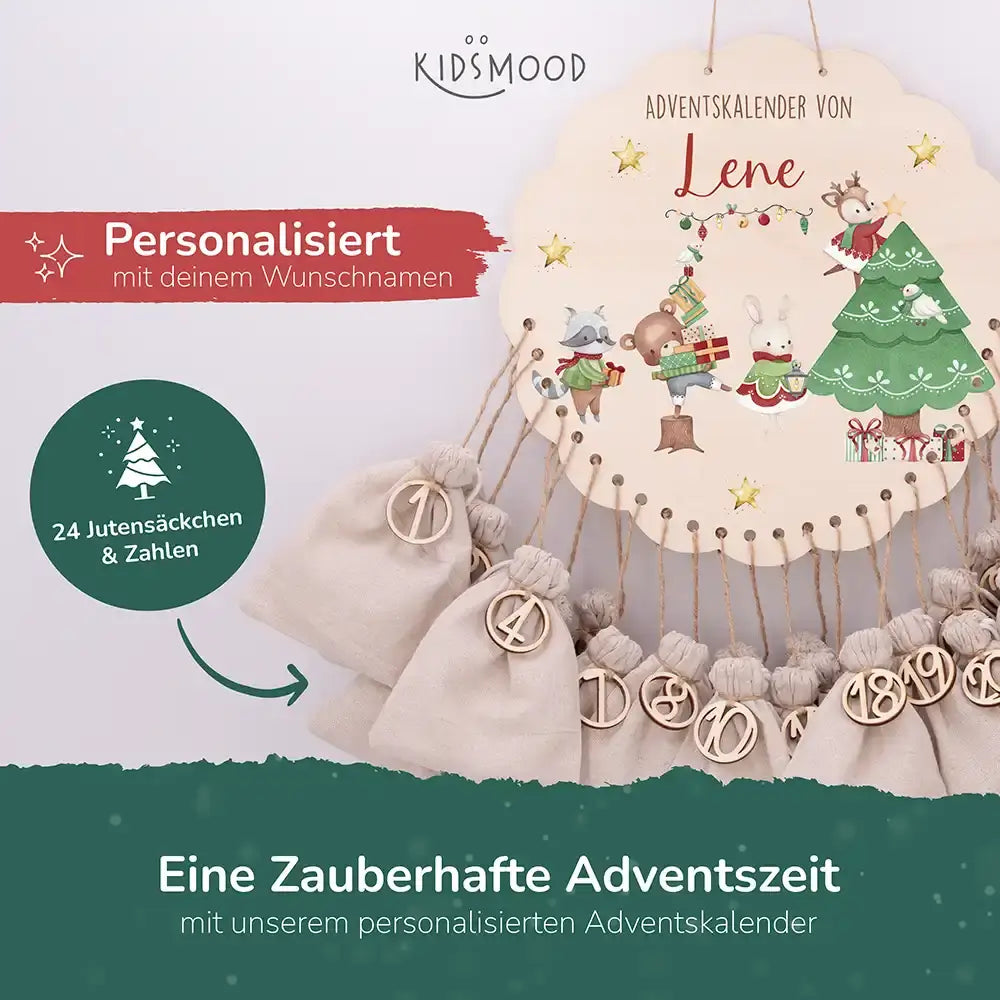 Personalisierter runder Adventskalender Kinder aus Holz - Festliche Waldszene