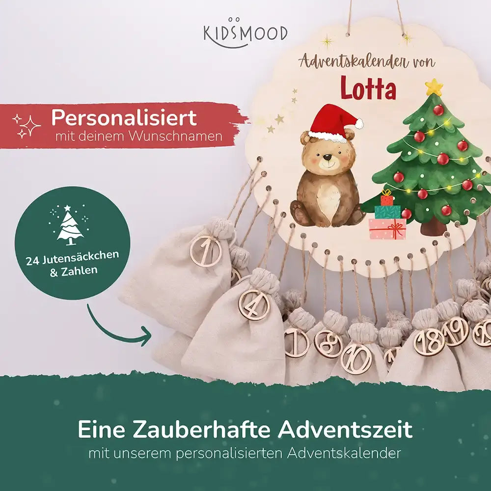 Personalisierter runder Adventskalender Kinder aus Holz - Weihnachtsbär
