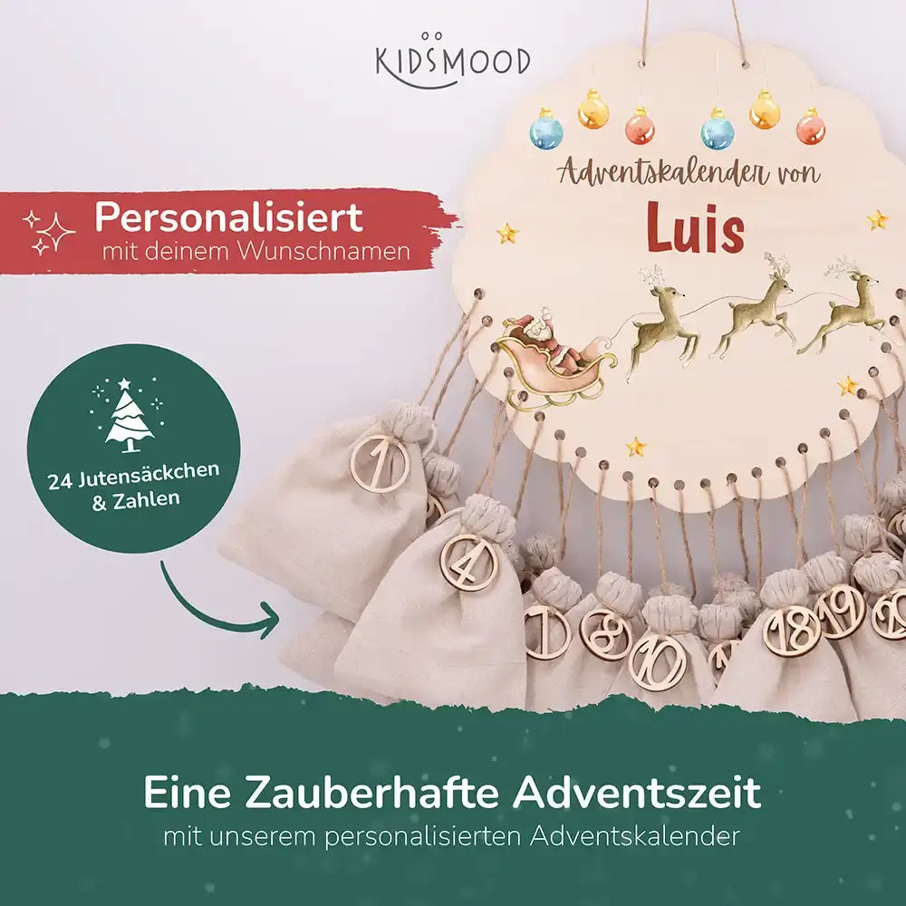 Personalisierter runder Adventskalender Kinder aus Holz - Rentiere