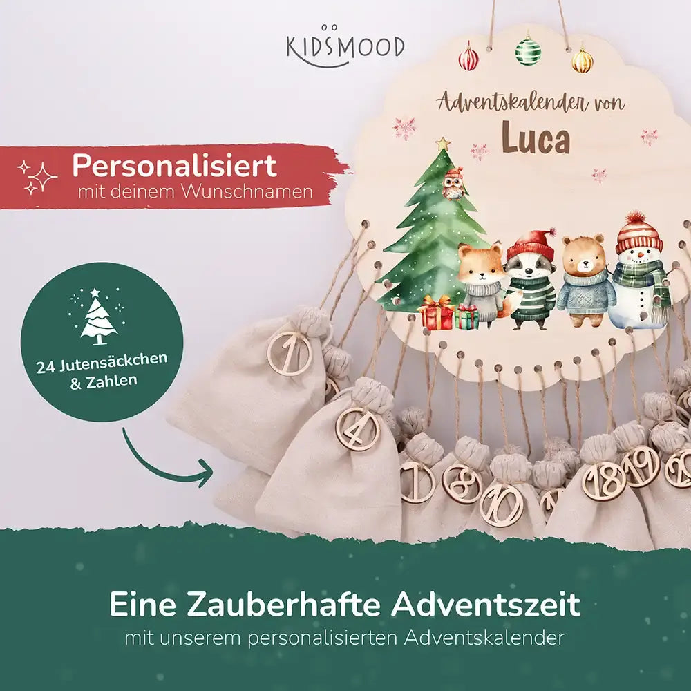 Personalisierter runder Adventskalender Kinder aus Holz - Tierische Weihnachtsbande