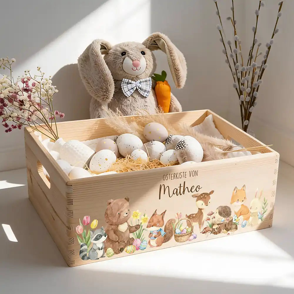 Osterkiste Holz personalisiert - Niedliche Waldtiere