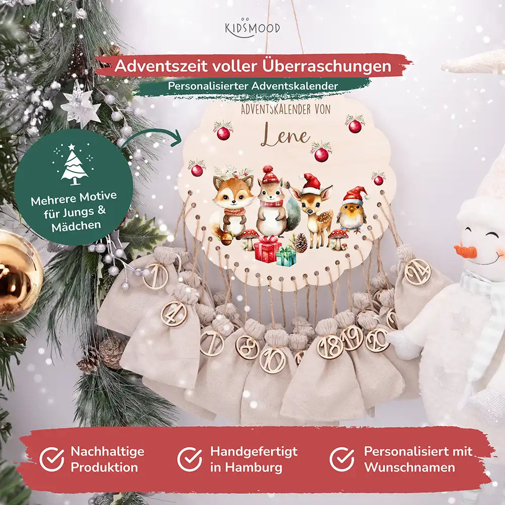 Personalisierter runder Adventskalender Kinder aus Holz - Tierische Weihnachtsfeier