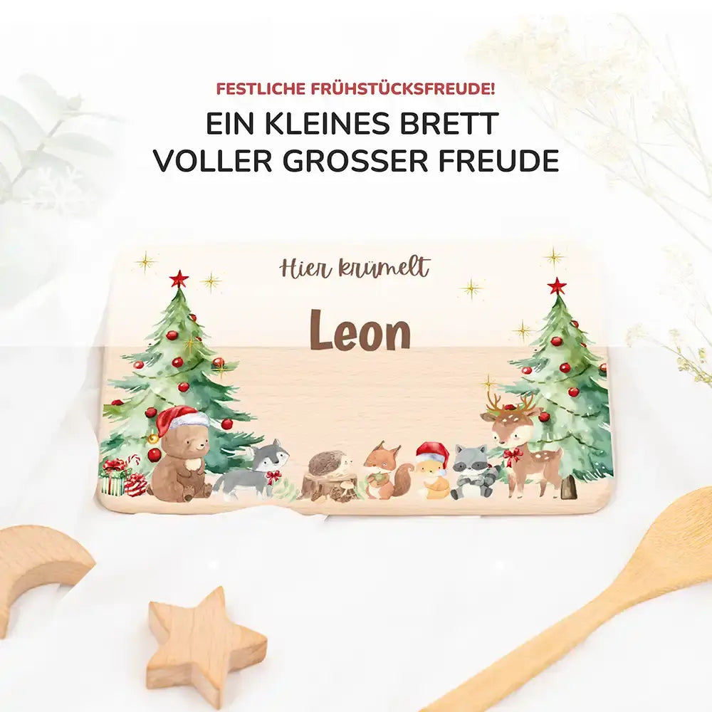 Weihnachts-Set Frühstücksbrettchen und  Emaille Tasse - Niedliche Waldtiere