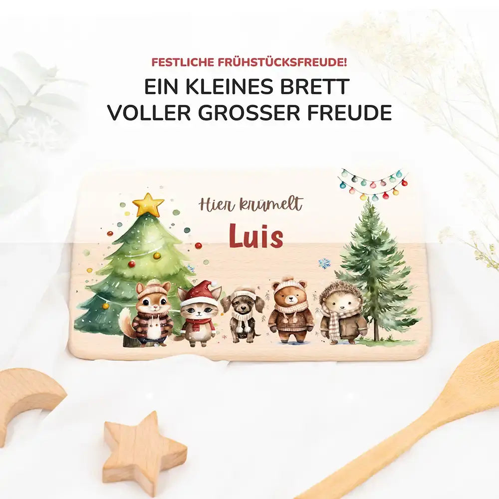 Weihnachts-Set Frühstücksbrettchen und  Emaille Tasse - Schneeflocken-Bande