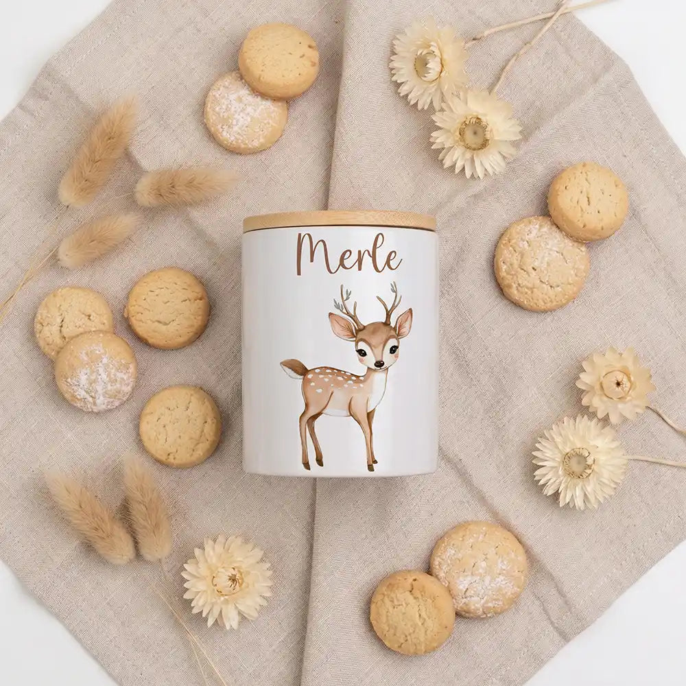 2-in-1 Keksdose Rehkitz Bambi - Keramik mit Bambusdeckel