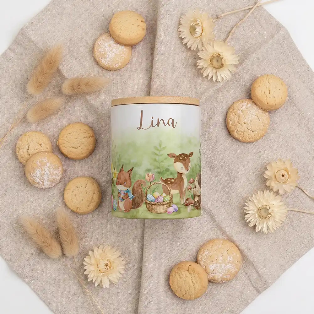 2-in-1 Keksdose Ostern Reh & Fuchs - Keramik mit Bambusdeckel
