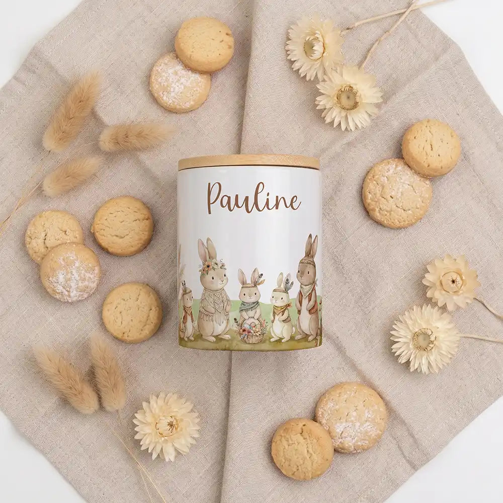 2-in-1 Keksdose Boho-Hasen - Keramik mit Bambusdeckel