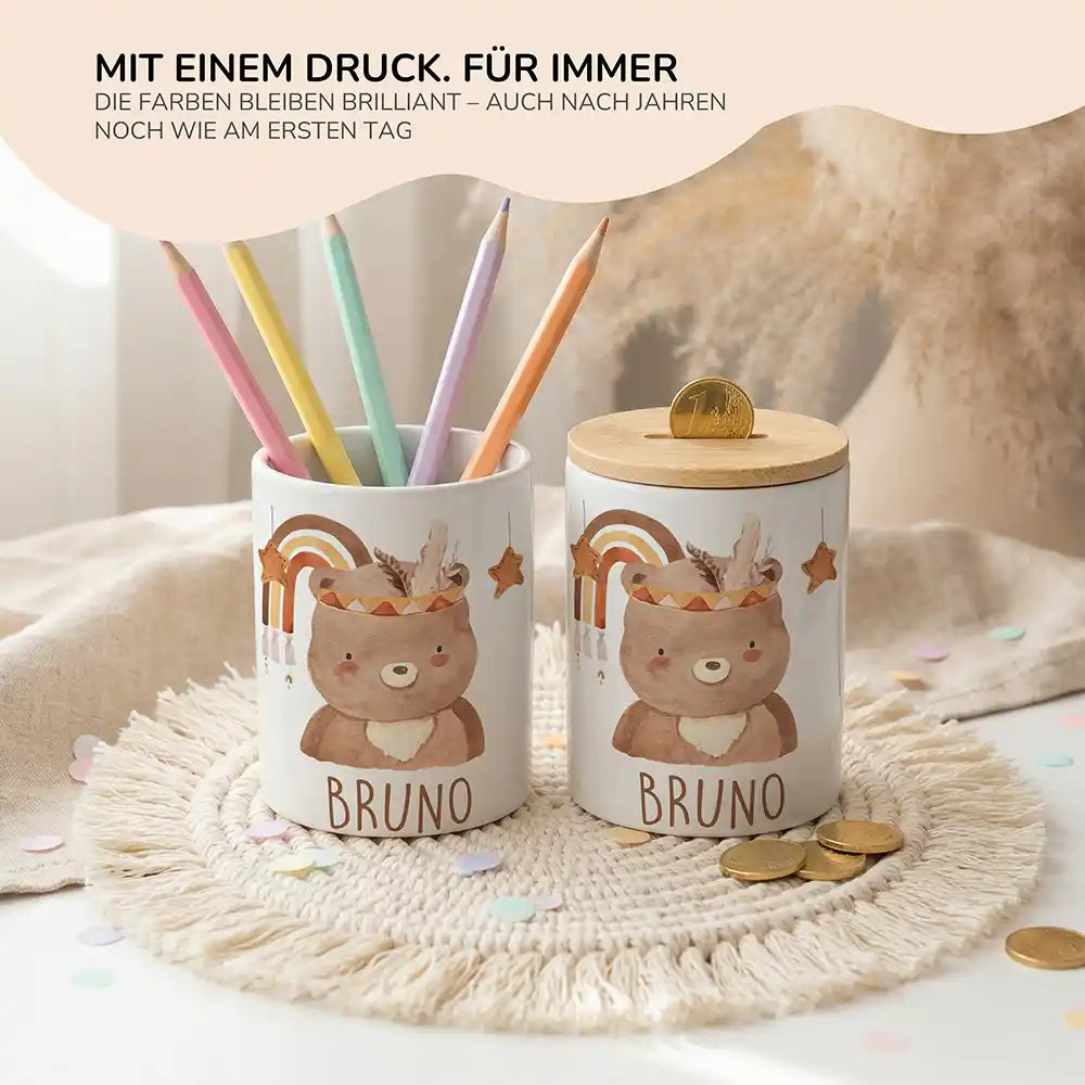 Personalisierte Spardose Boho-BĂ€r â Keramik & Bambus mit Wunschname