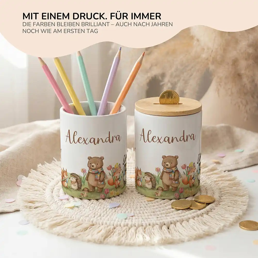 Personalisierte Spardose Herbst-Waldtiere – Keramik & Bambus mit Wunschname