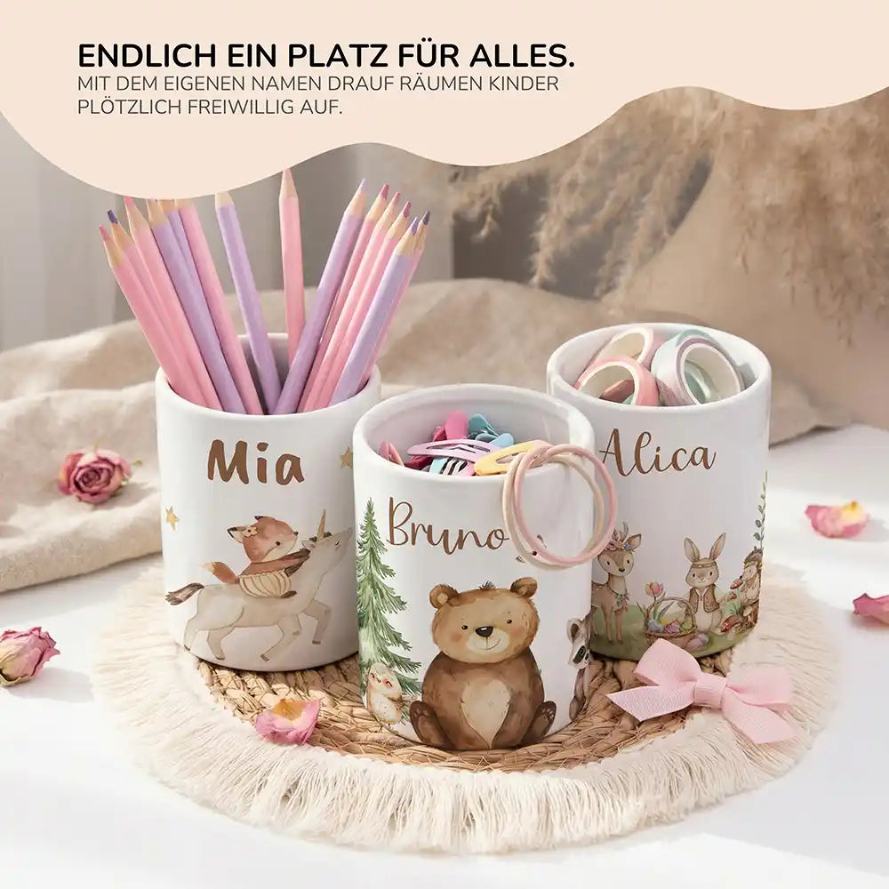 Personalisierter Stiftehalter BÀr & WaschbÀr - personalisiertes Geschenk mit Wunschnamen