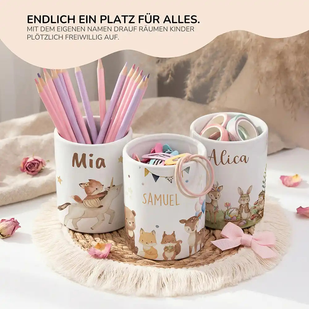 Personalisierter Stiftehalter Waldtiere Party - personalisiertes Geschenk mit Wunschnamen