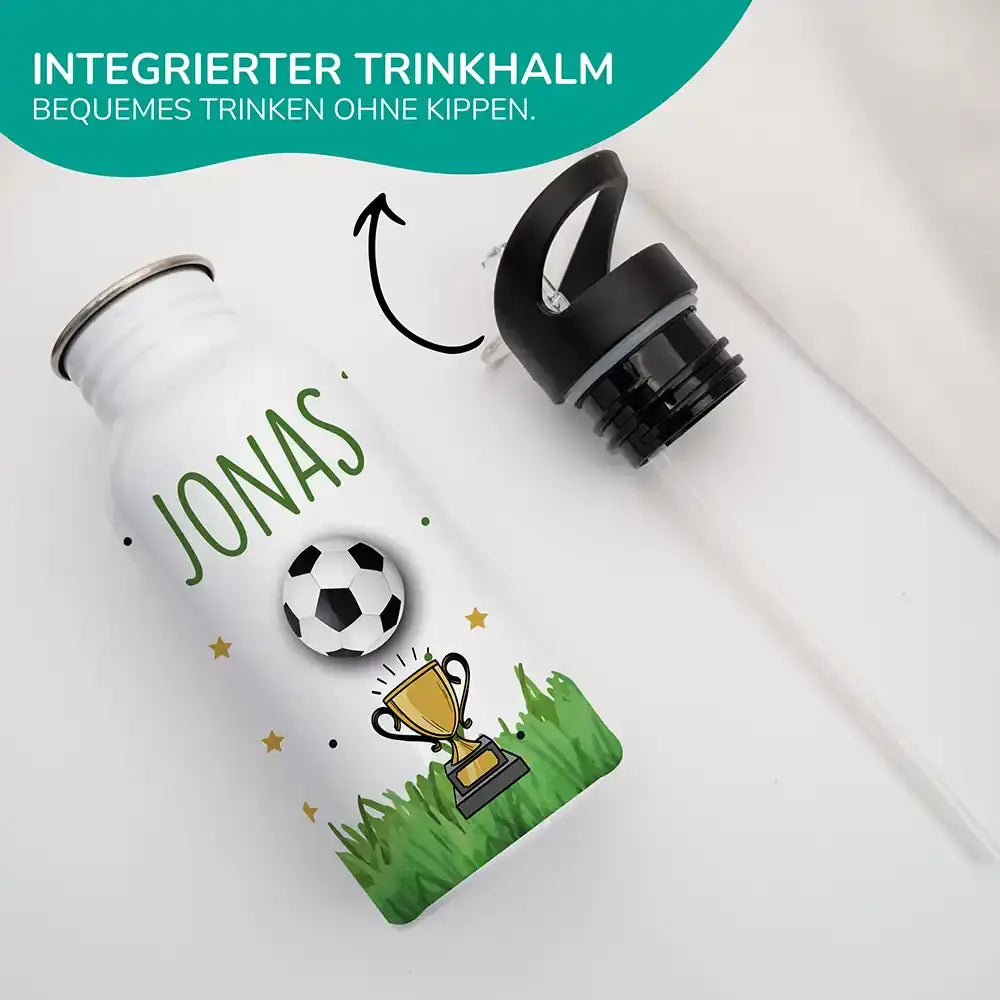trinkflasche mit trinkhalm und fußball champion motiv