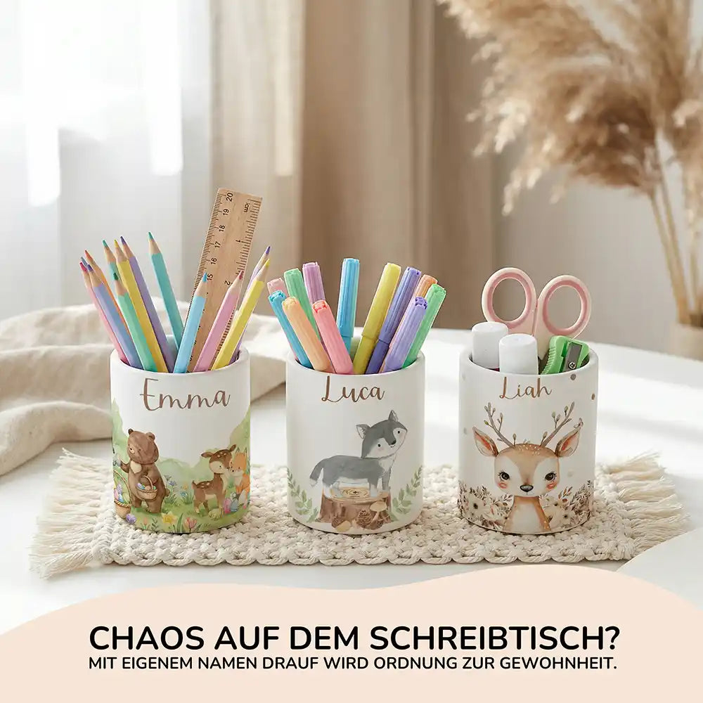 Personalisierte Spardose Wolf Wald – Keramik & Bambus mit Wunschname