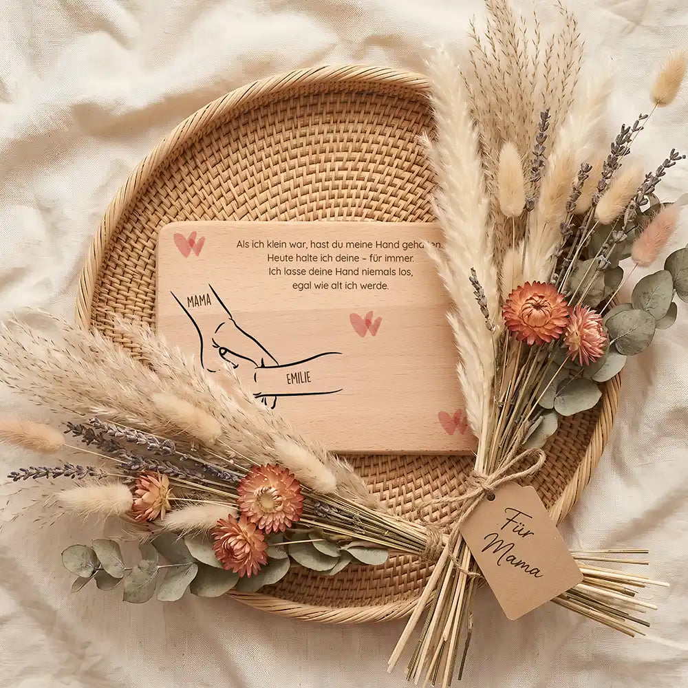 Personalisiertes Frühstücksbrettchen Muttertag Hand in Hand Boho – Vollansicht Topdown