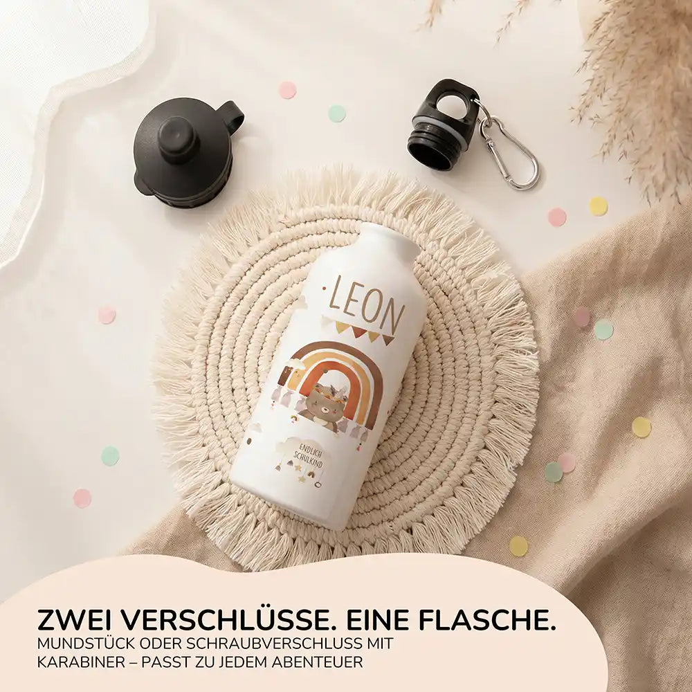 Personalisierte Trinkflasche Kinder BĂ€r Regenbogen Schulkind â Alu fĂŒr Schule, Sport & Ausflug