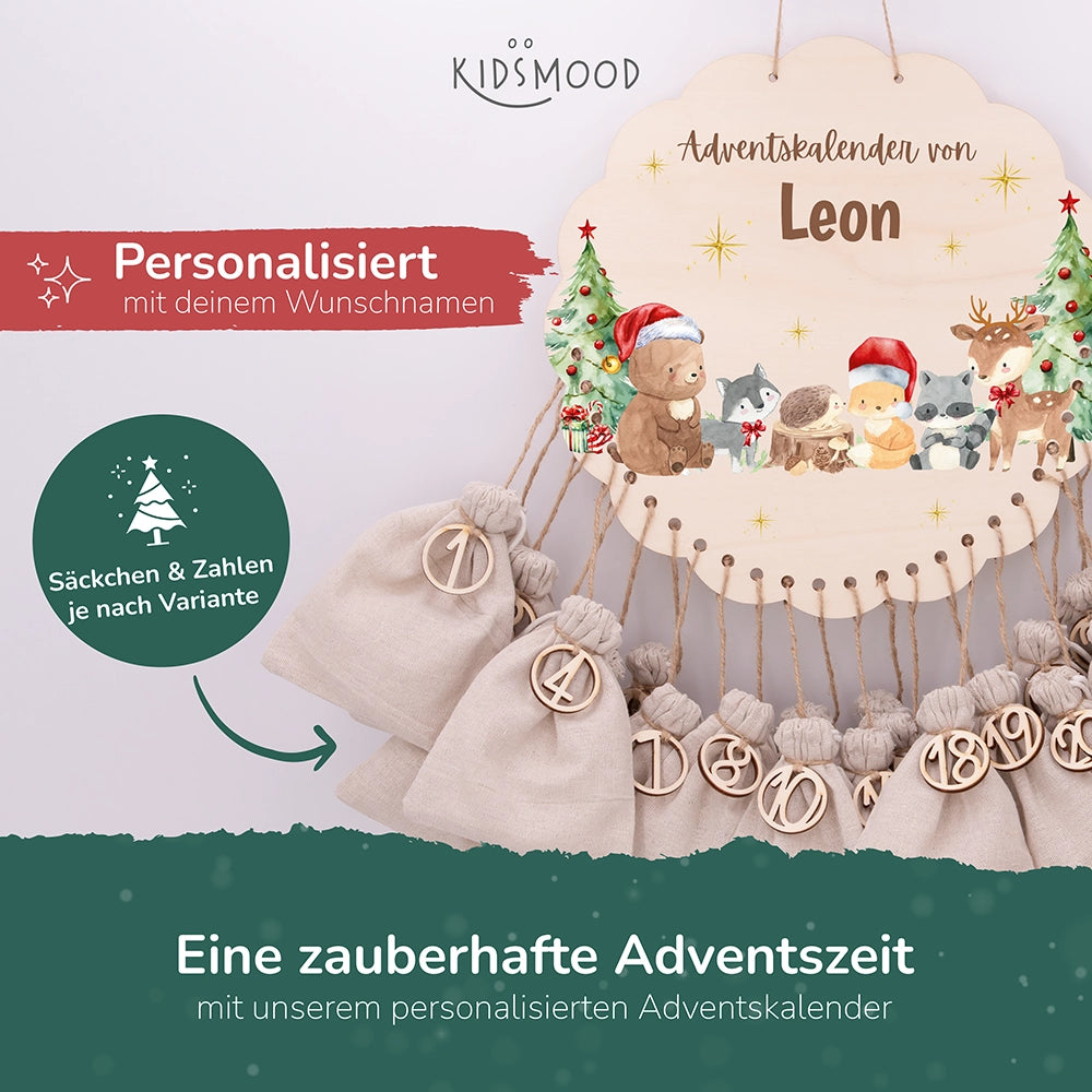 Personalisierter runder Adventskalender Kinder aus Holz - Weihnachtsfreude