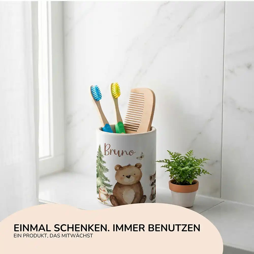 Personalisierter Stiftehalter BÀr & WaschbÀr - Geschenk zur Einschulung mit Namen