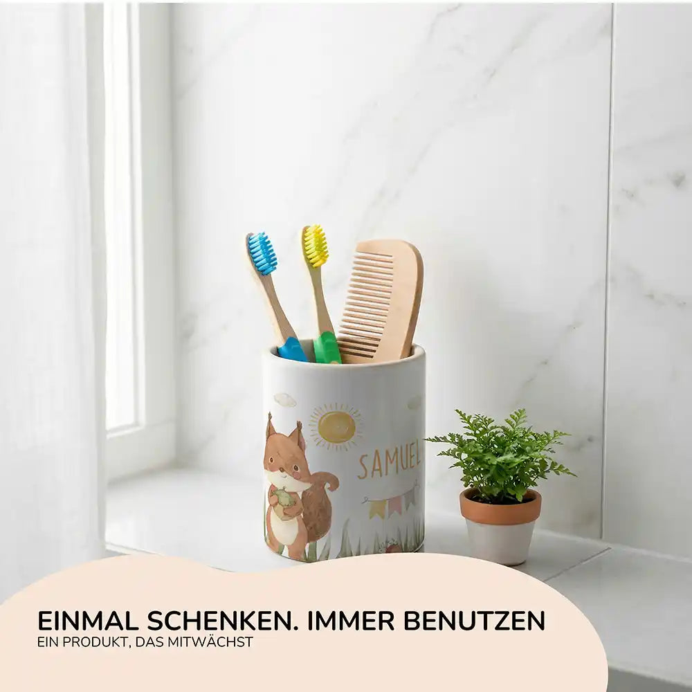 Personalisierter Stiftehalter Eichhörnchen Sommer - Geschenk zur Einschulung mit Namen