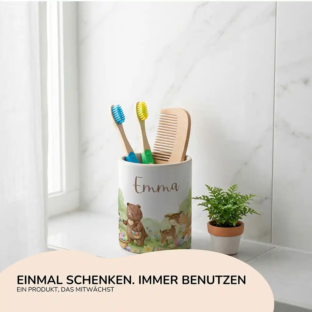 Personalisierter Stiftehalter Ostern BĂ€renfamilie - Geschenk zur Einschulung mit Namen