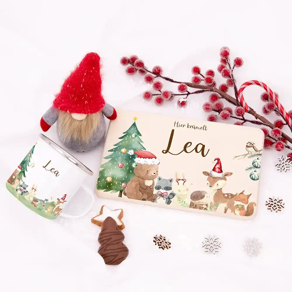 Weihnachts-Set Frühstücksbrettchen + Emaille Tasse - niedliche Waldtiere