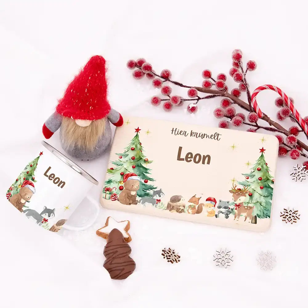 Weihnachts-Set Frühstücksbrettchen und  Emaille Tasse - Niedliche Waldtiere