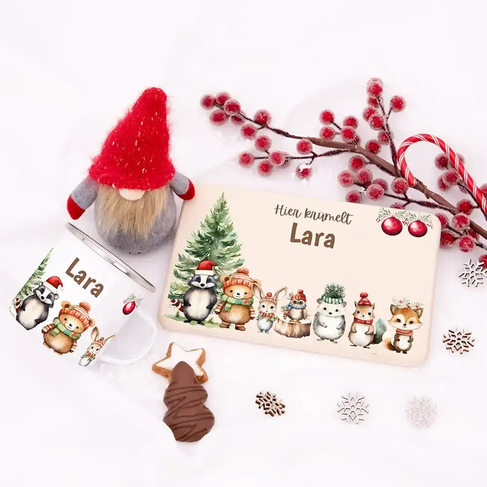 Weihnachts-Set Frühstücksbrettchen und  Emaille Tasse - Niedliche Waldfreunde