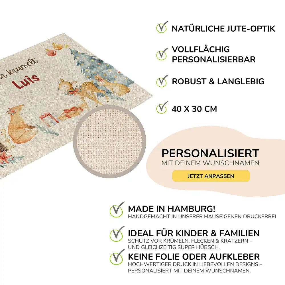 Tischset Kinder personalisiert Weihnachtsmotiv - Schneeflocken-Tierbande