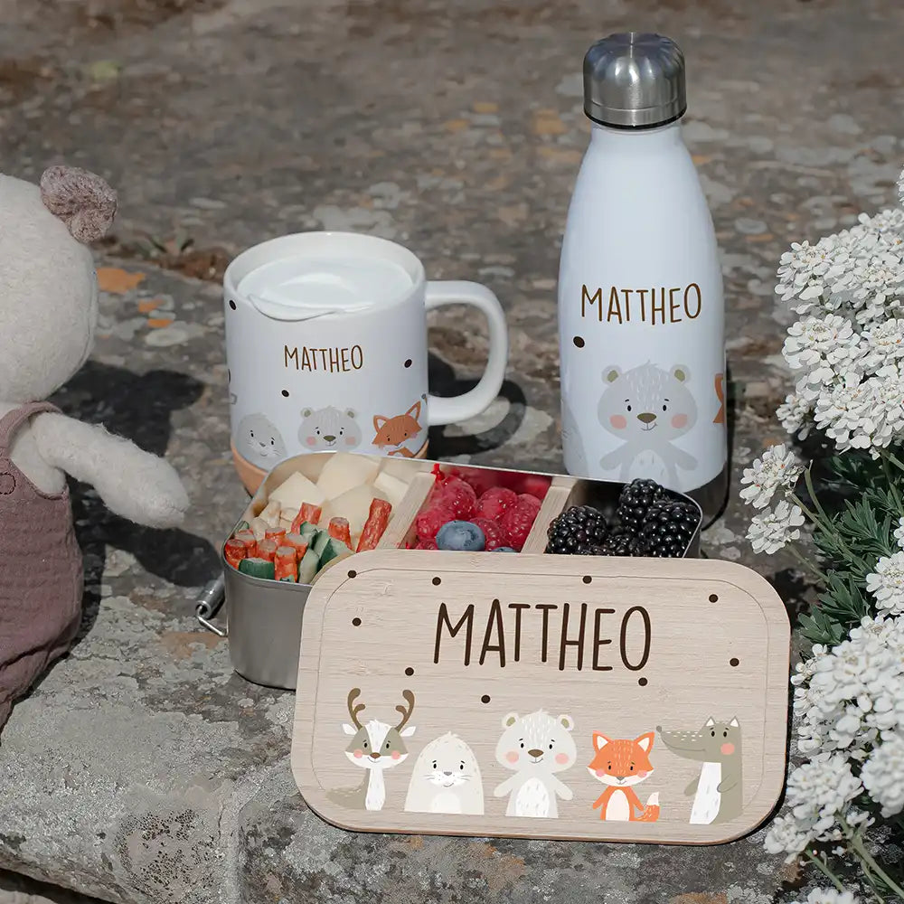 Großes Schulstart-Set personalisiert für Kinder: Brotdose, Trinkflasche und Tasse