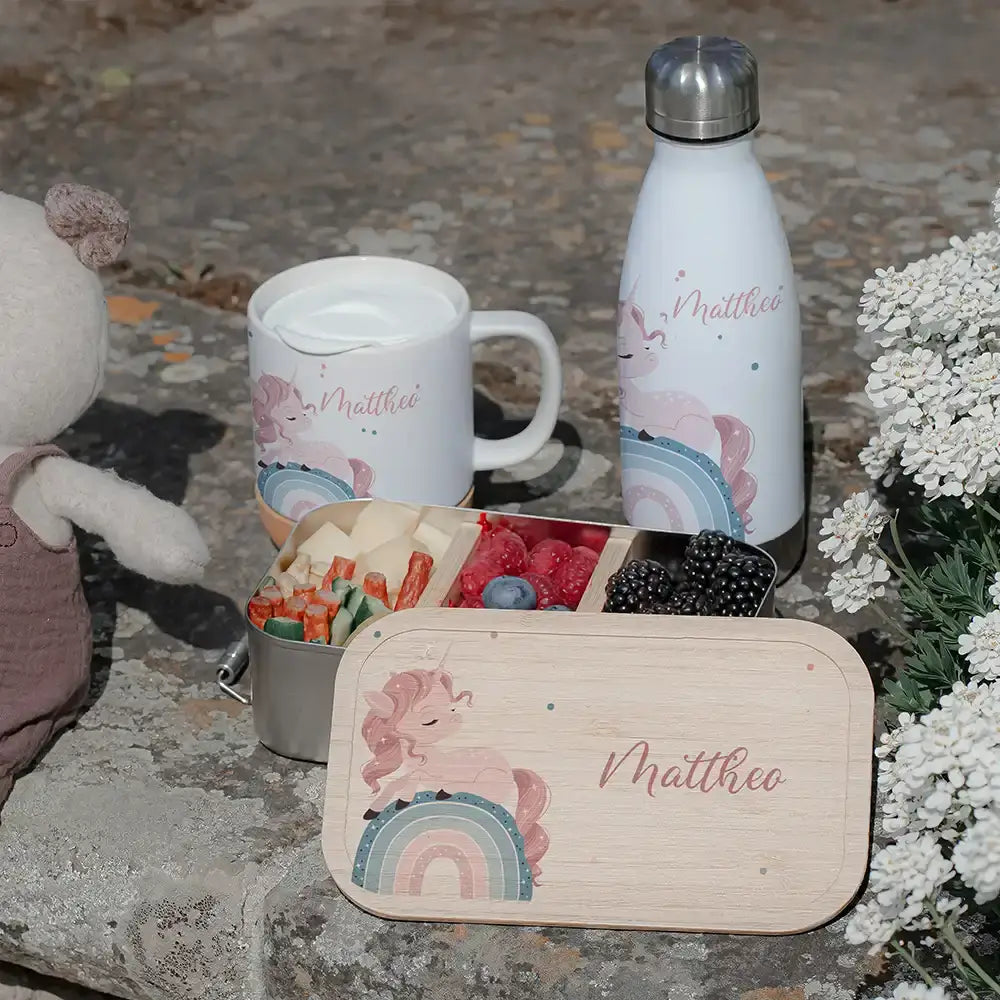 Großes Schulstart-Set personalisiert für Kinder: Brotdose, Trinkflasche und Tasse