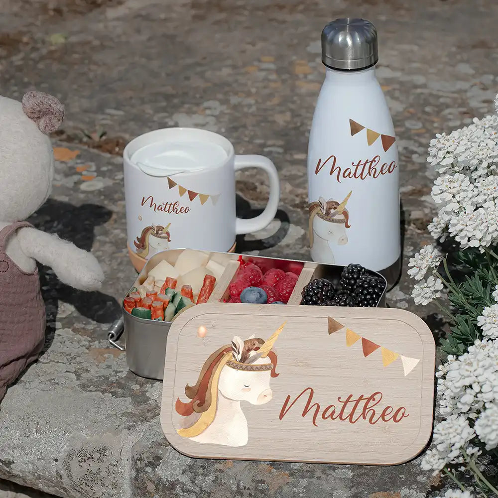 Großes Schulstart-Set personalisiert für Kinder: Brotdose, Trinkflasche und Tasse