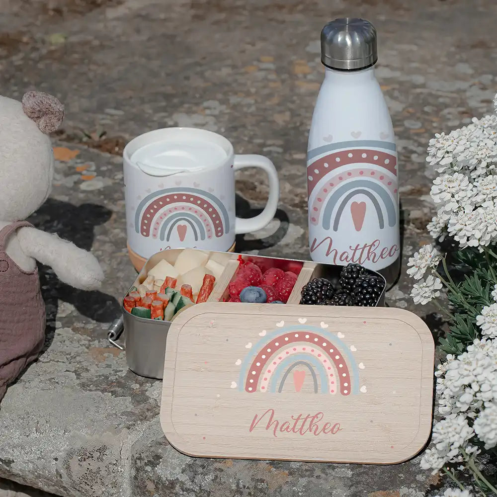 Großes Schulstart-Set personalisiert für Kinder: Brotdose, Trinkflasche und Tasse