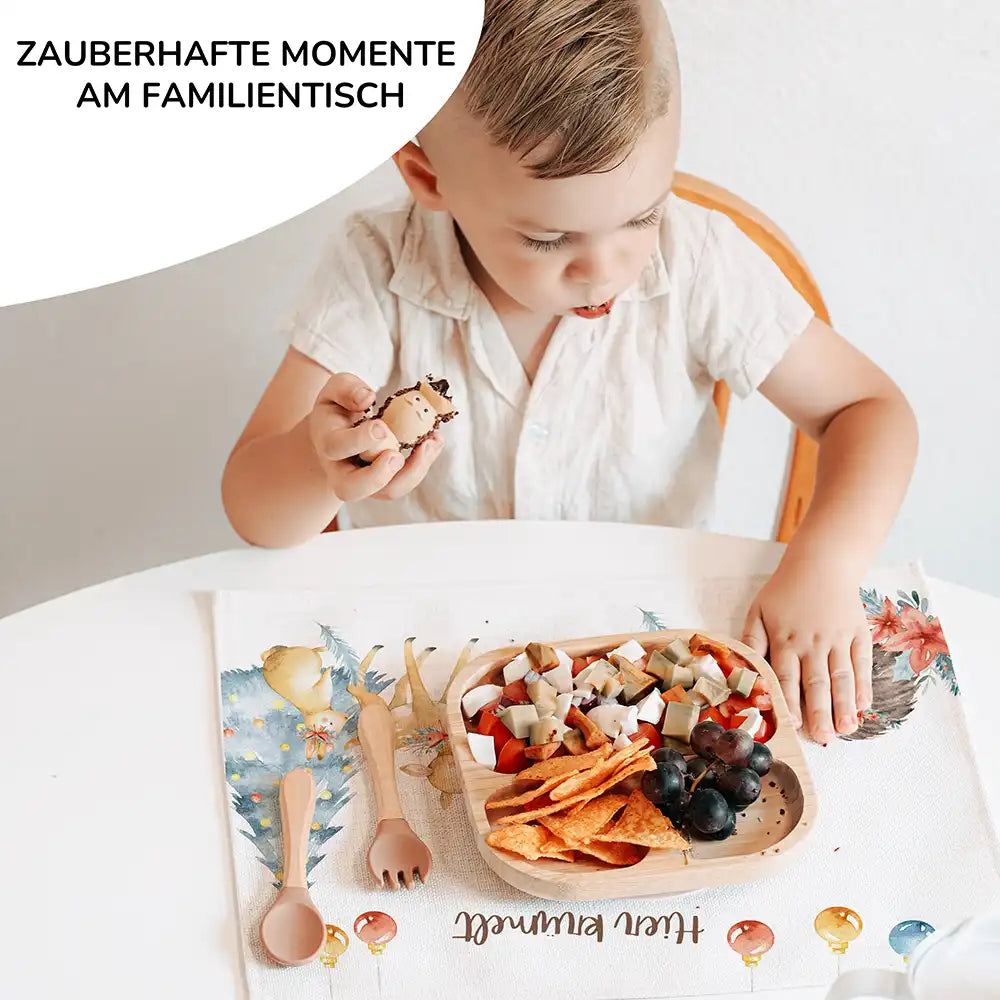 Tischset Kinder personalisiert Weihnachtsmotiv - Schneeflocken-Tierbande